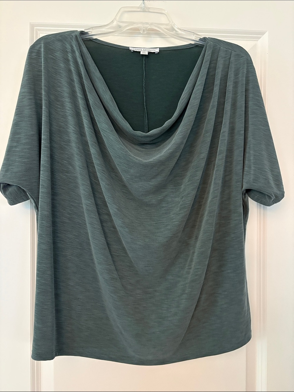 Green Envelope Teal Draped Cowl Neck Short Sleeve Top